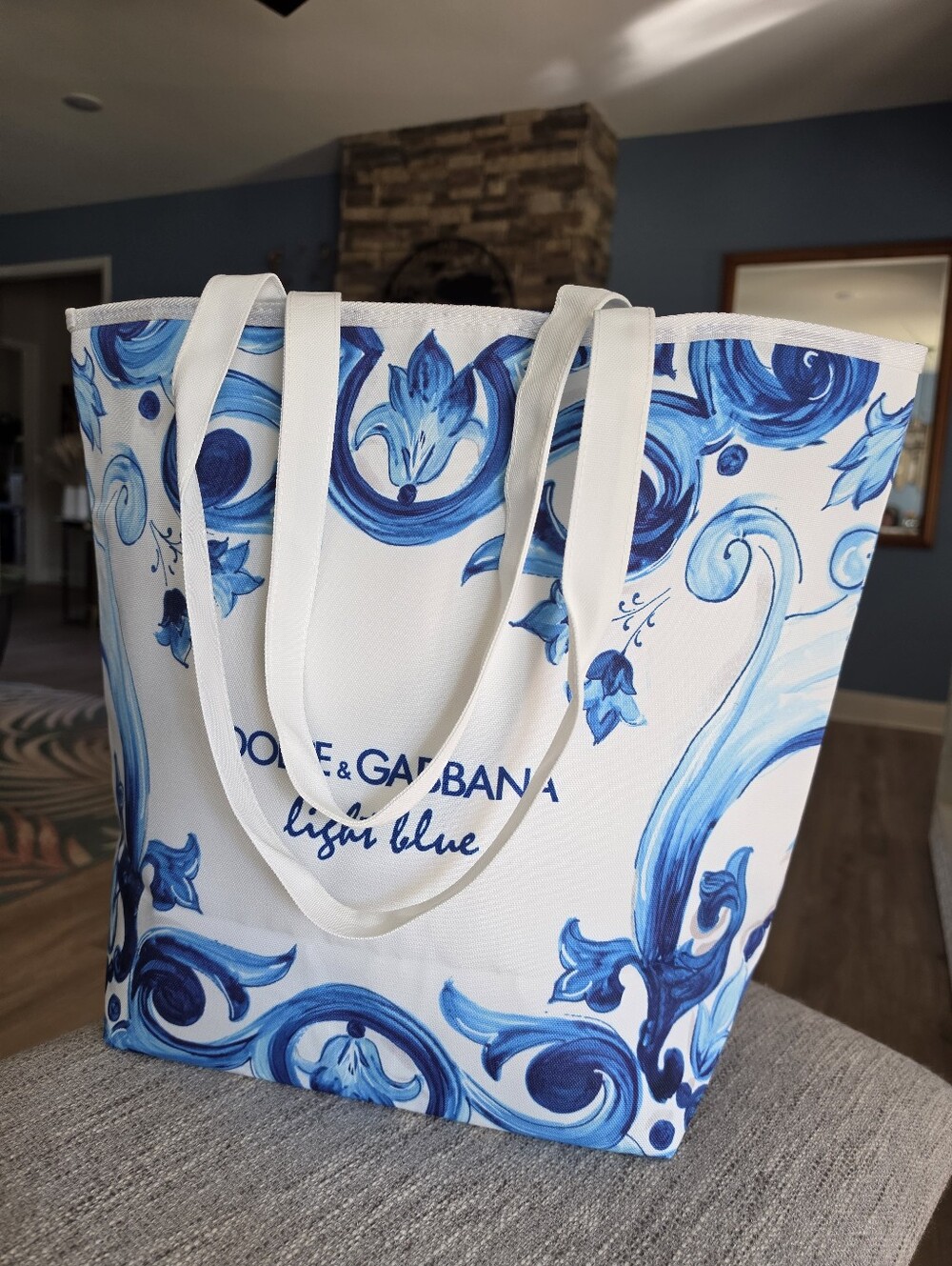 Dolce & Gabbana White Canvas Tote with Blue Painted Motif